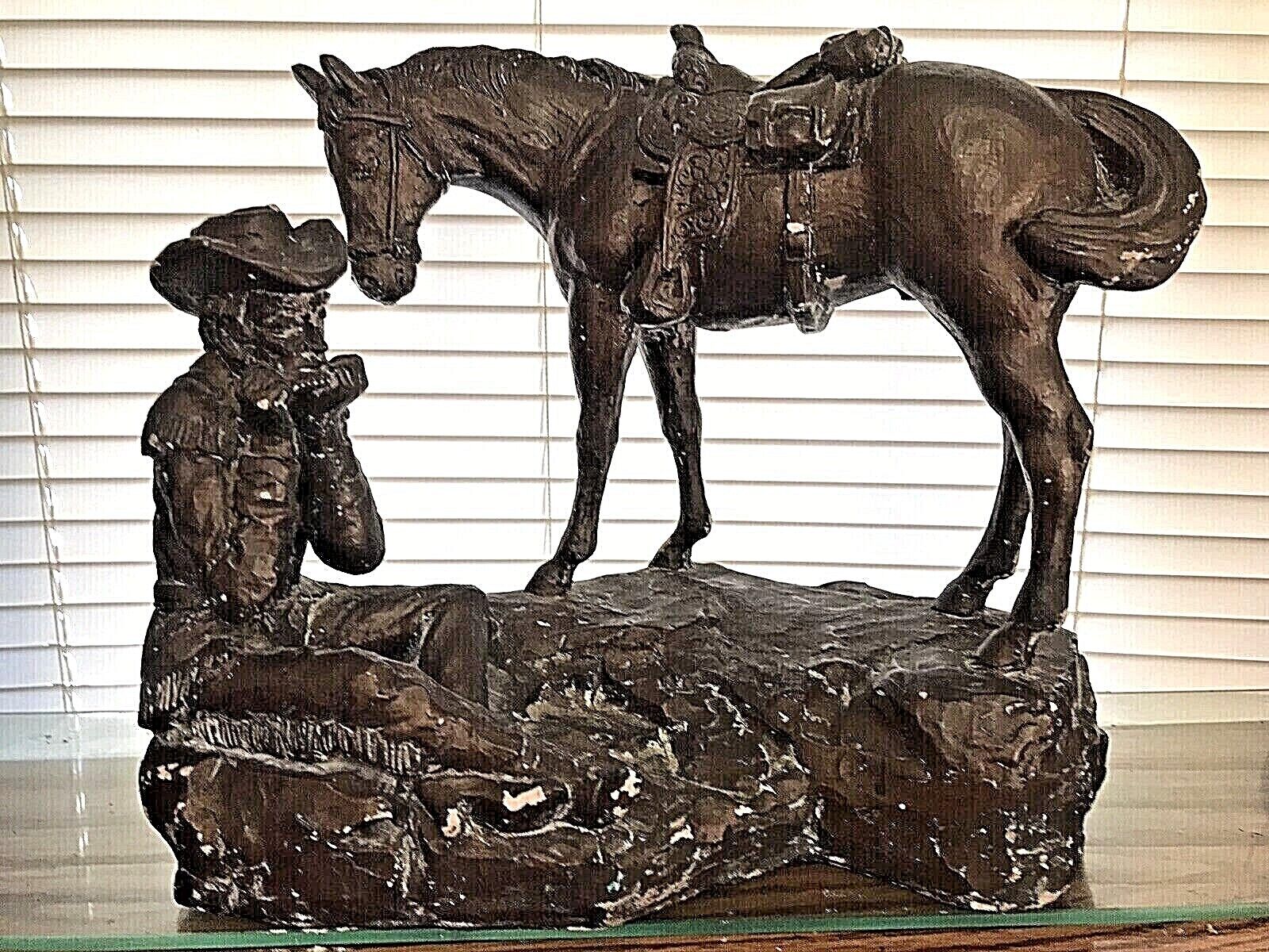 Vintage Austin Productions Inc. Cowboy W/ Harmonica & Horse Chalkware Sculpture