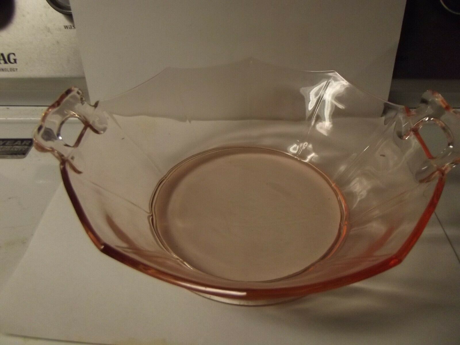 Cambridge Glass Co. Pink Depression Handled Vegetable Bowl Decagon