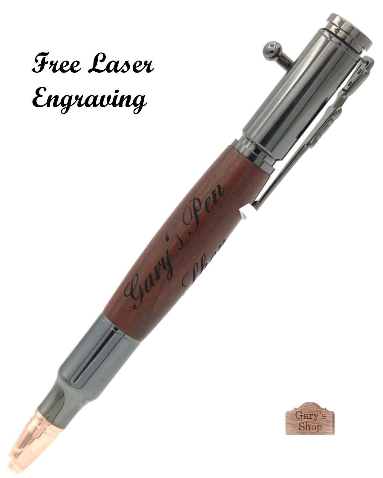 30 Caliber Bolt Action Pen - Gun Metal + Rosewood Body With Free Personalization