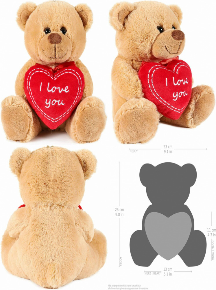 Brubaker Teddy Bear With Red Heart - I Love You - 9.84 Inches - Cuddly Brown